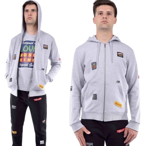 Love Moschino Other - Love Moschino Mens Patches Zipper Hoodie Grey XXL